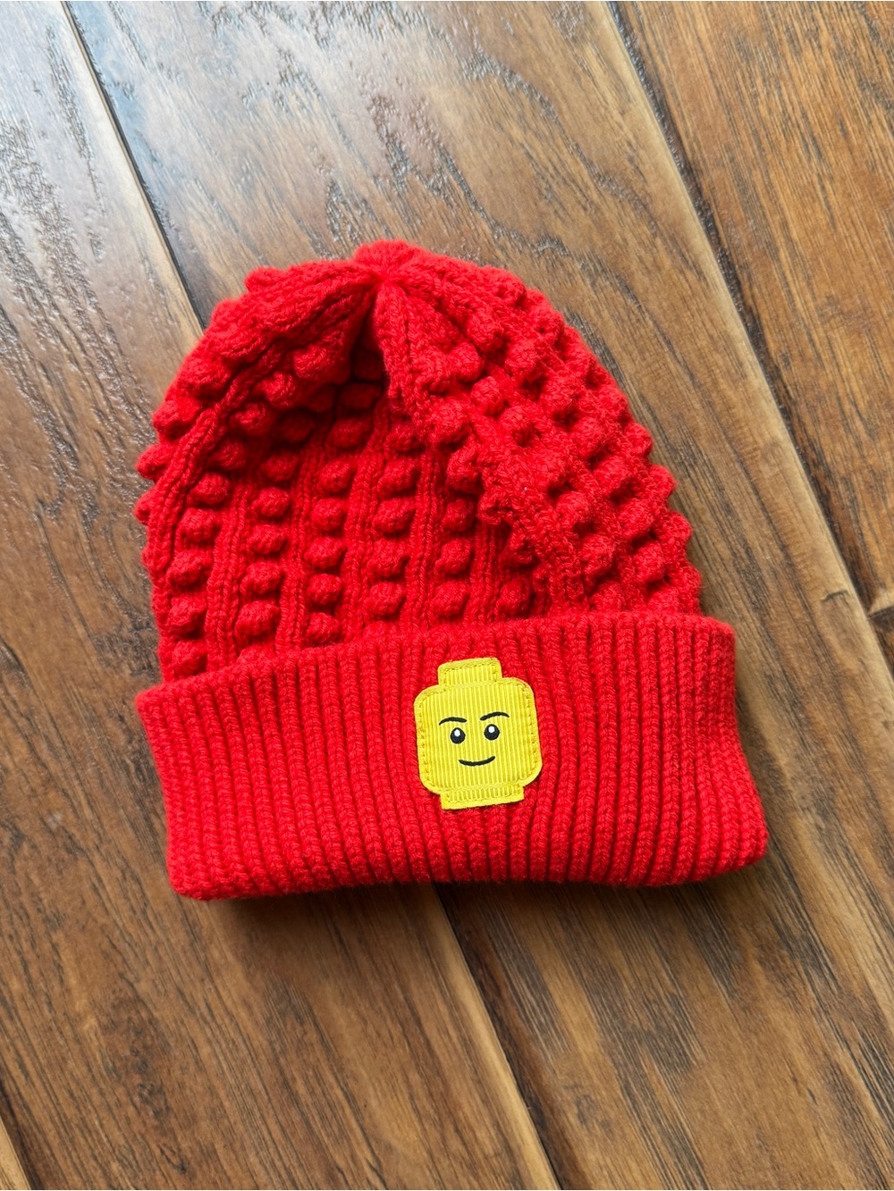 Lego Red Knit Pom-Pop Beanie with Yellow Minifigure Patch